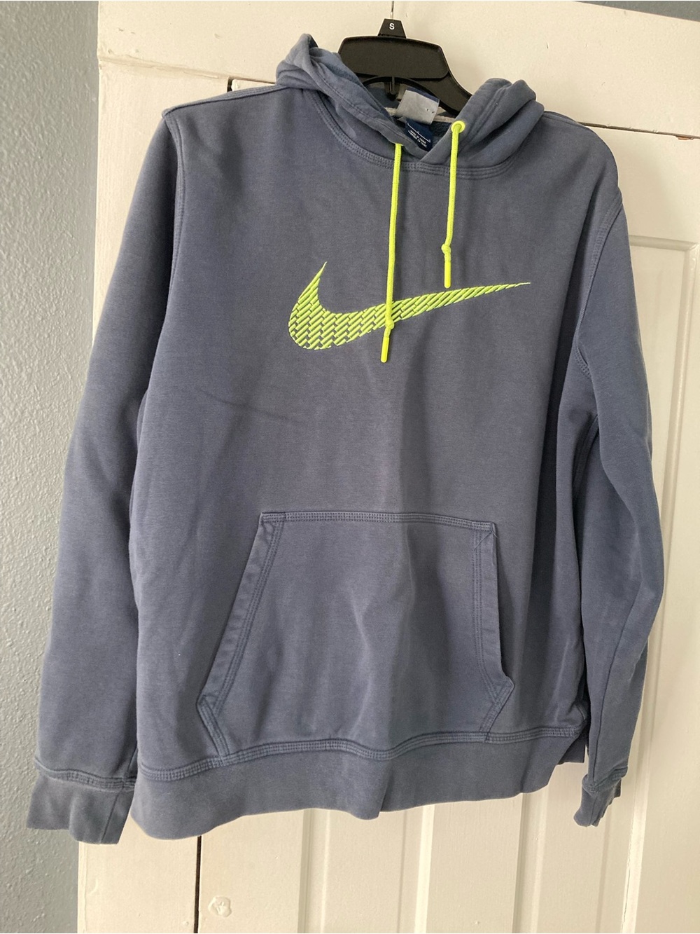 Nike Gray-Blue Pullover Hoodie with Neon Yellow Swoosh